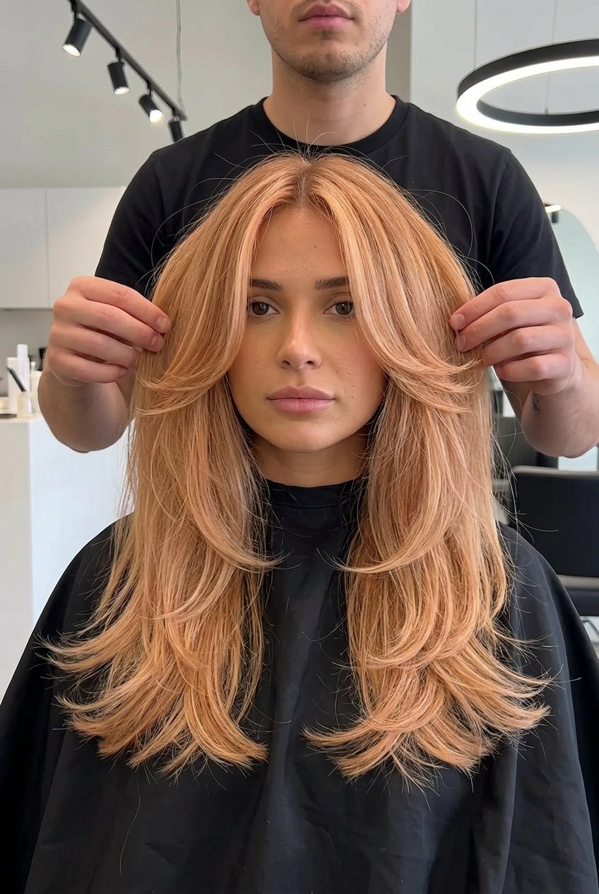 Strawberry Blonde Butterfly Cut 2026 for Round Faces long butterfly haircut in strawberry blonde with peach fuzz highlights, feathered face-framing layers — romantic voluminous