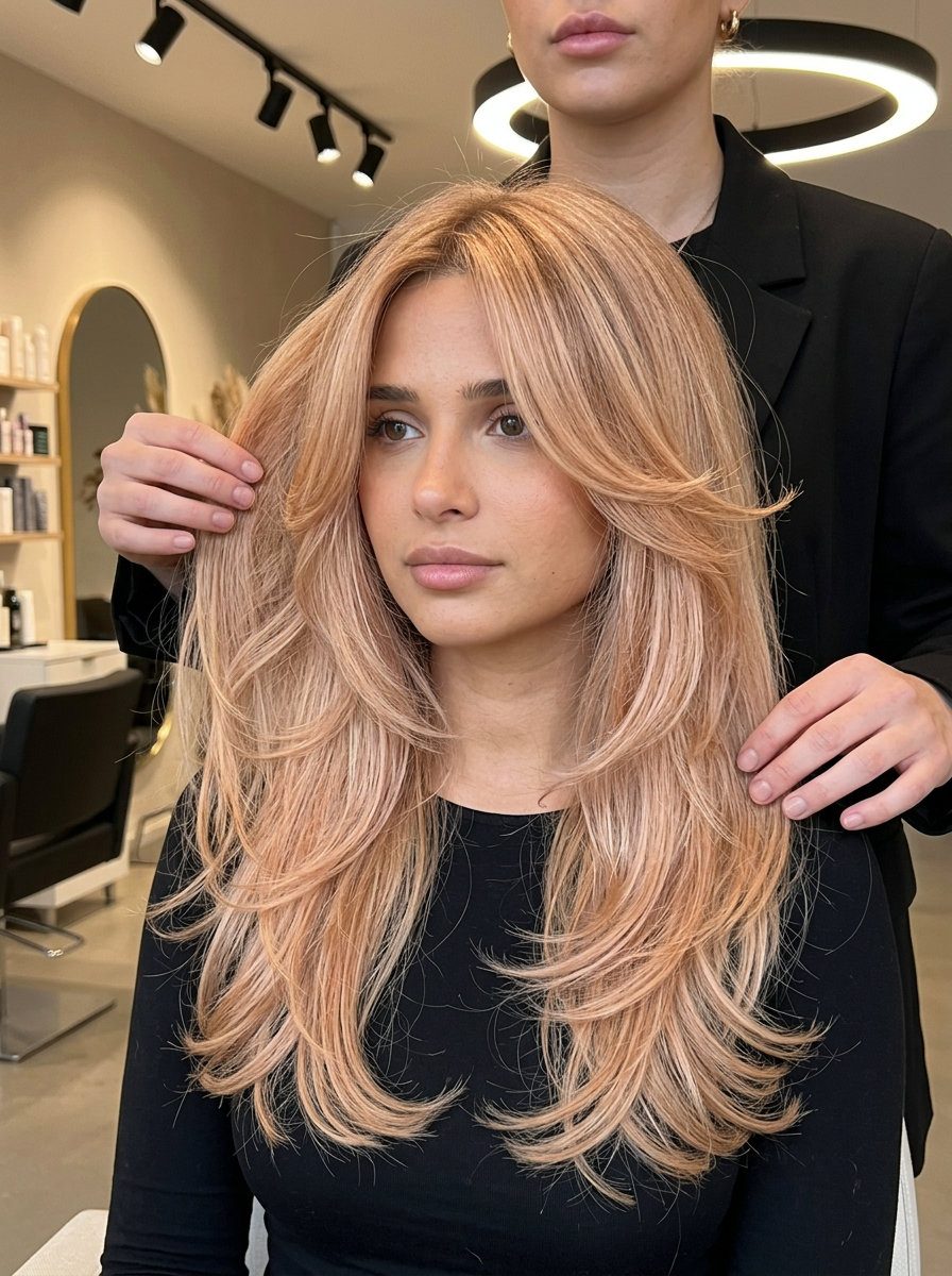 long strawberry blonde haircut with butterfly layers and peachy-pink undertones for bohemian vibes