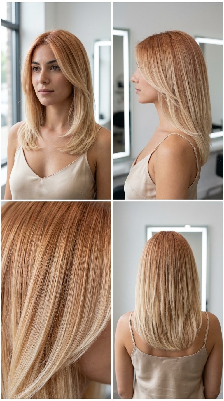 long strawberry blonde hair color with seamless color melt, deeper root to creamy blonde ends — elegant natural style