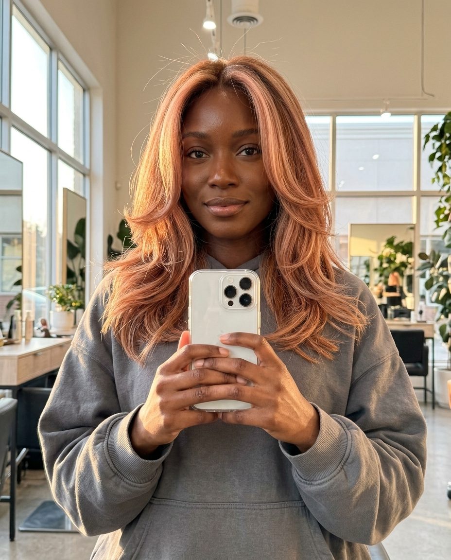 long layers strawberry blonde face-framing haircut with rosy copper, playful warm