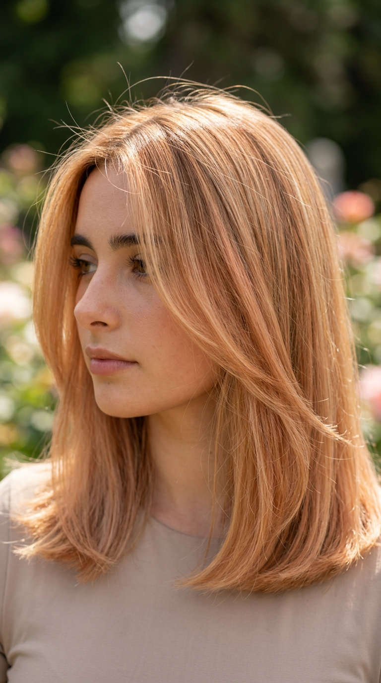 Strawberry Blonde Air Touch Balayage 2026 long layered strawberry blonde balayage with golden blonde & peach, air touch technique — romantic summer glow