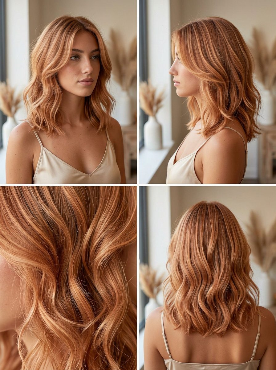 Cottagecore Strawberry Lob Haircut 2026 medium strawberry blonde lob with apricot crush tones and babylights for a romantic weekend