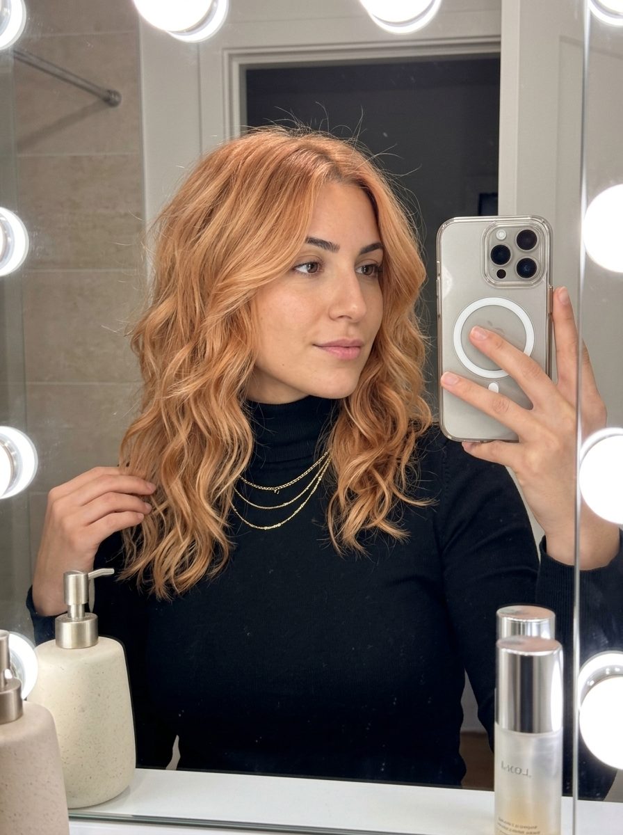 medium strawberry blonde wolf cut with golden peach undertones, soft layers, wispy nape — charming waves