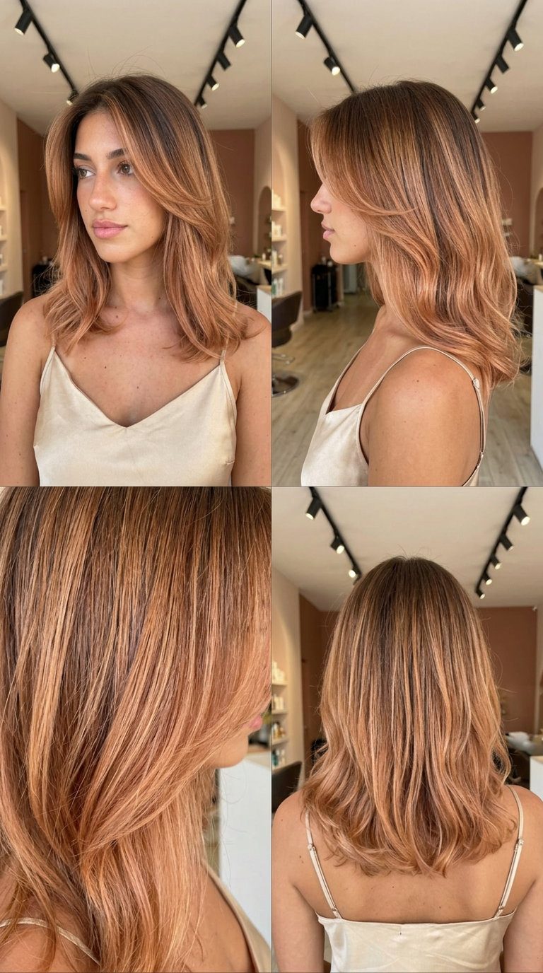 long layered strawberry blonde ombré with copper-gold pink undertones for weekend