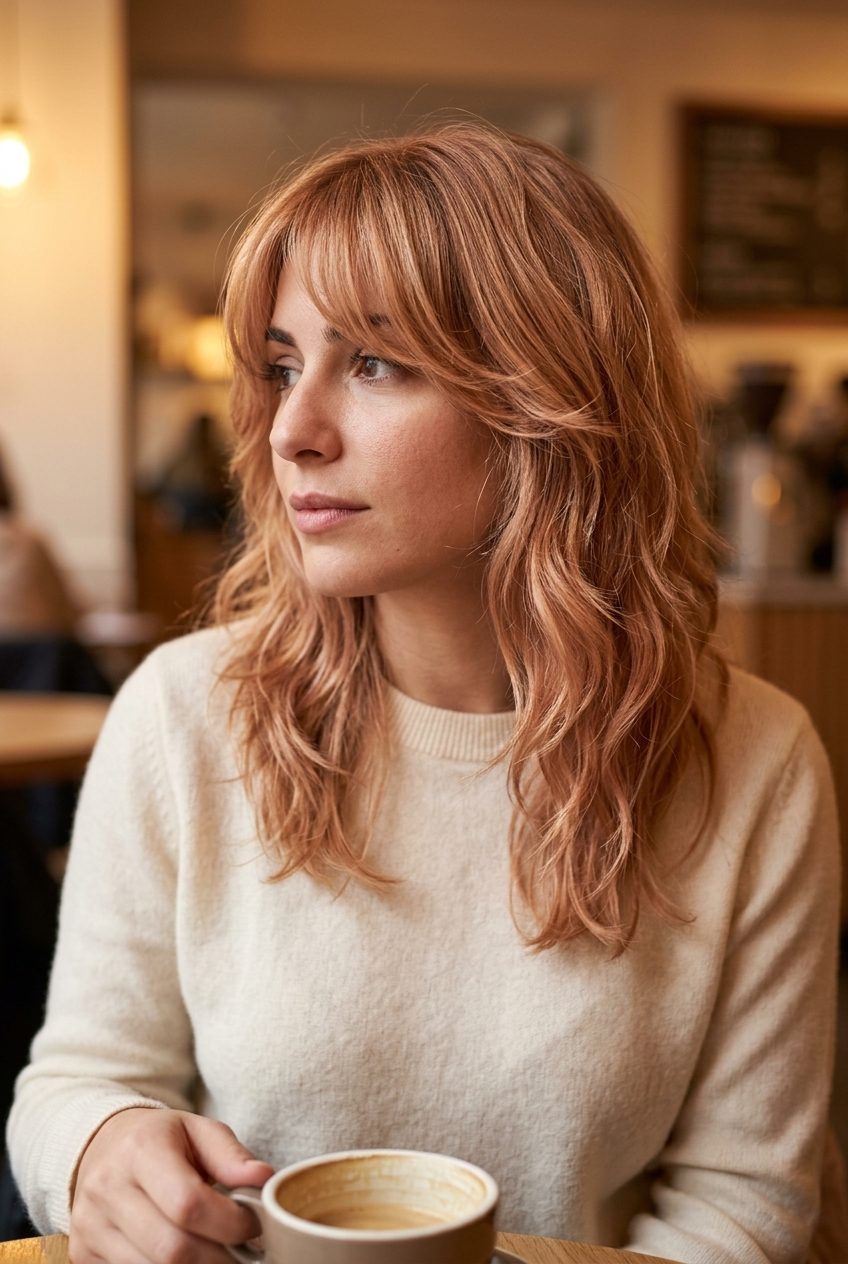 shoulder-length wavy shag haircut in strawberry blonde with babylights and curtain bangs for romantic look