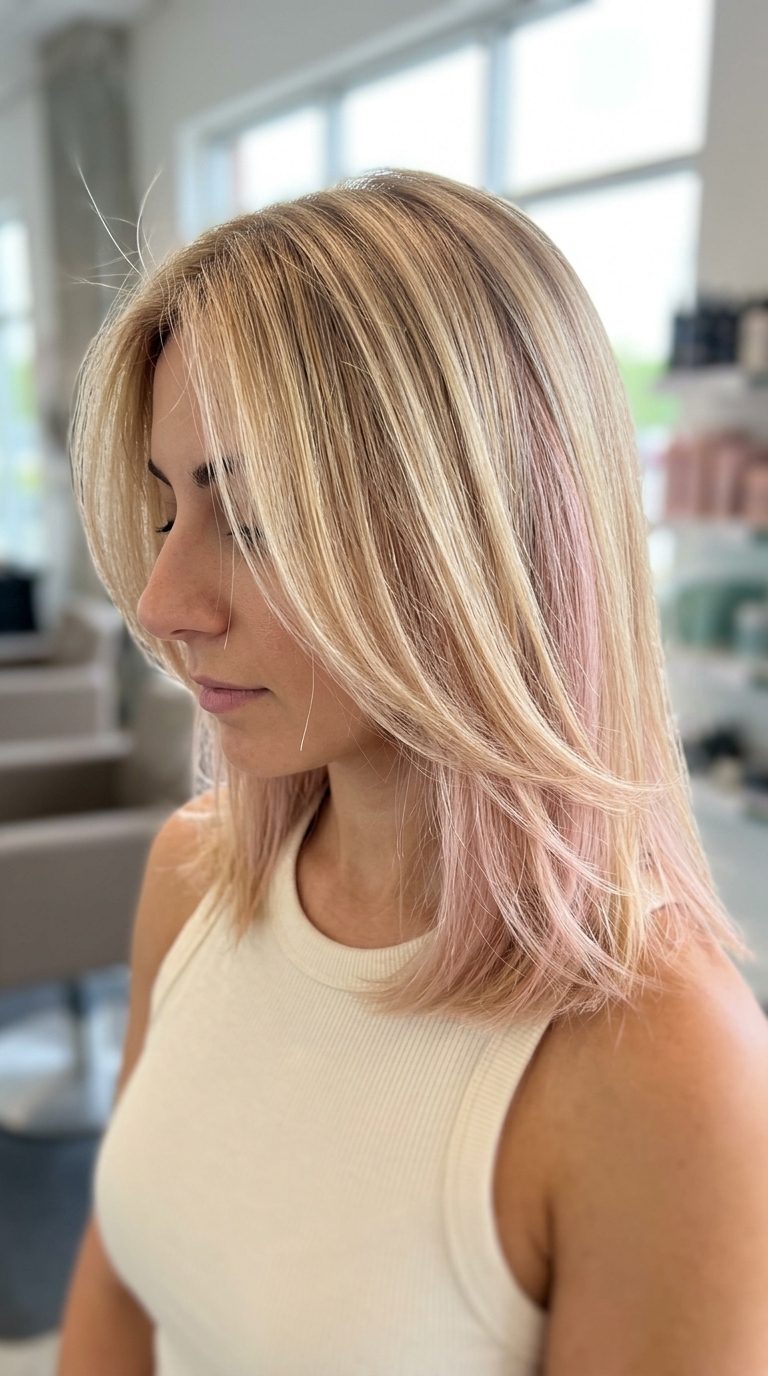 Strawberry Champagne Underlights 2026 long strawberry champagne underlights with pale pink blonde, hidden pop, layered cut — concert ready
