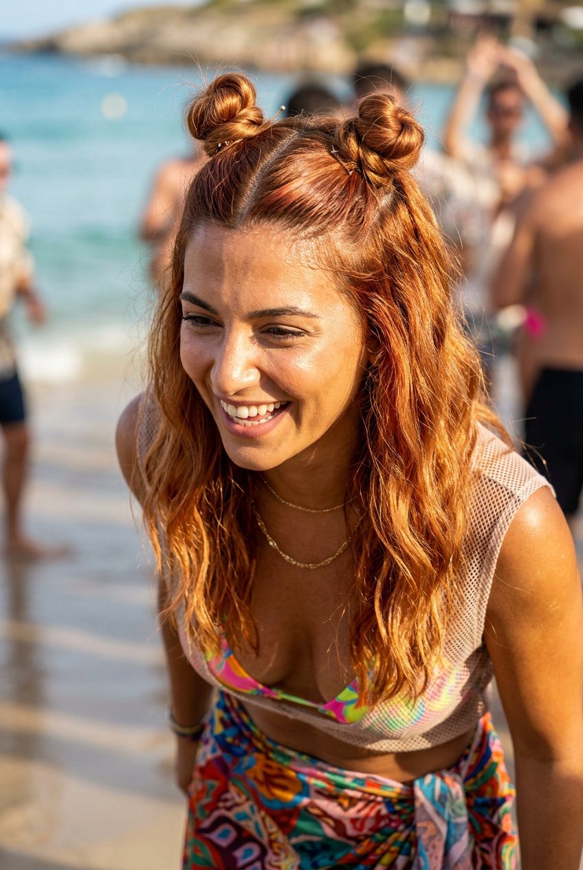 long strawberry copper hairstyles with quirky half-up space buns and loose waves for festivals