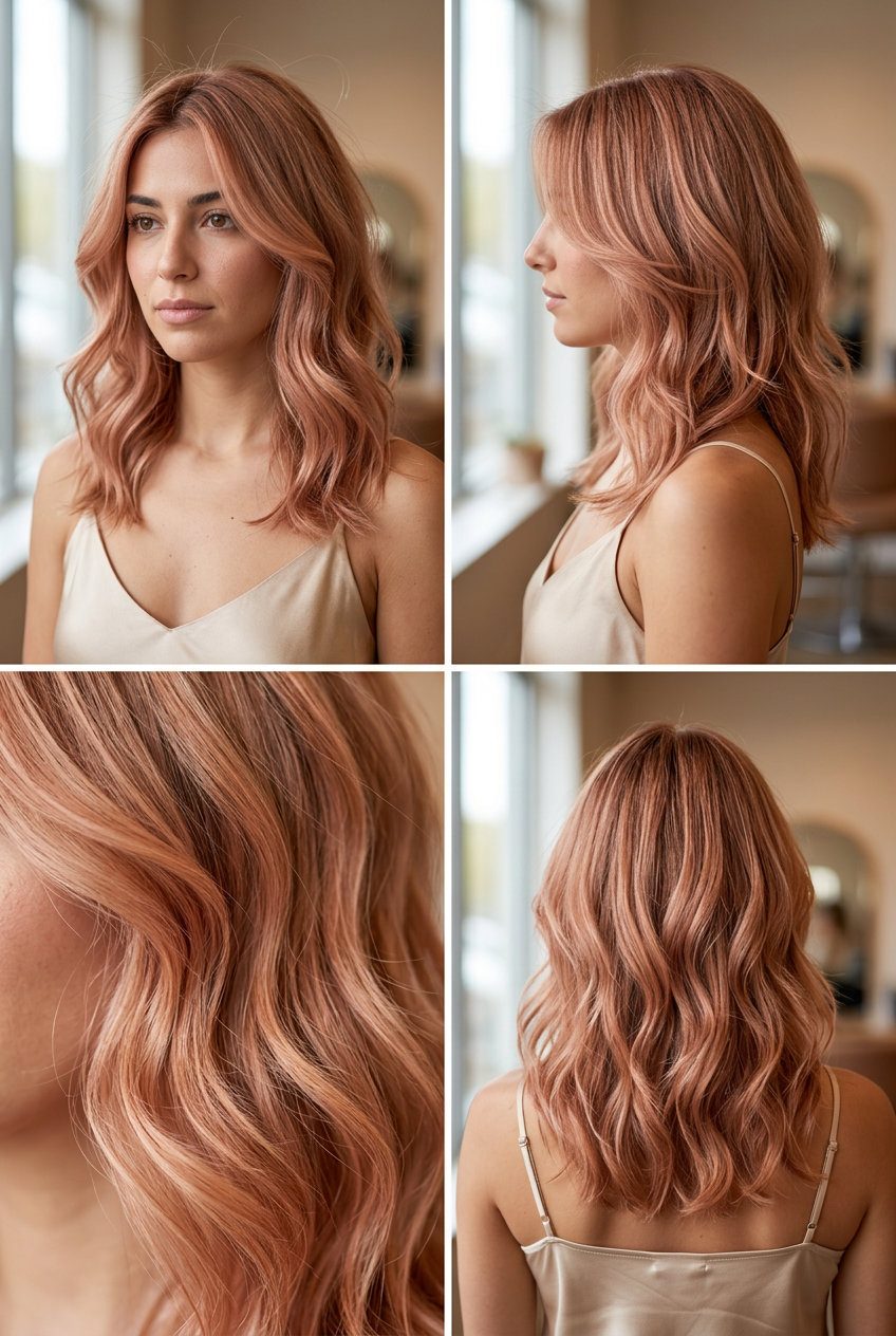 medium strawberry copper balayage with rosy blonde and peach tones for romantic elegance