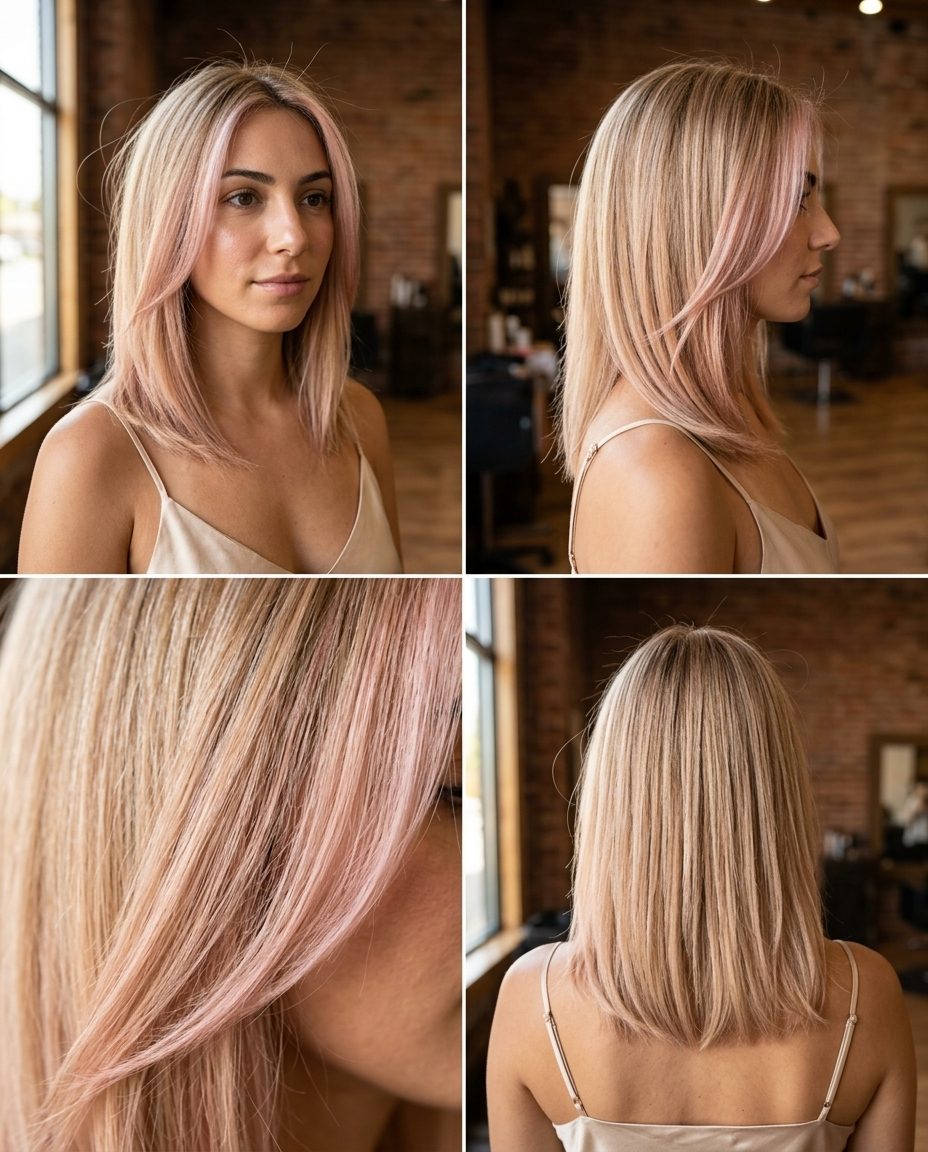 Strawberry Glaze Face-Framing 2026 long strawberry glaze face-framing with pink blonde accents, high-shine glaze, layered cut — casual outing