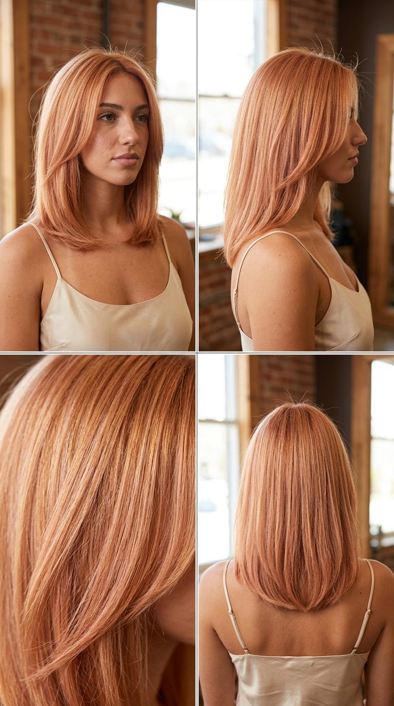 medium strawberry blonde all-over with golden copper undertones and soft face-framing layers for festivals