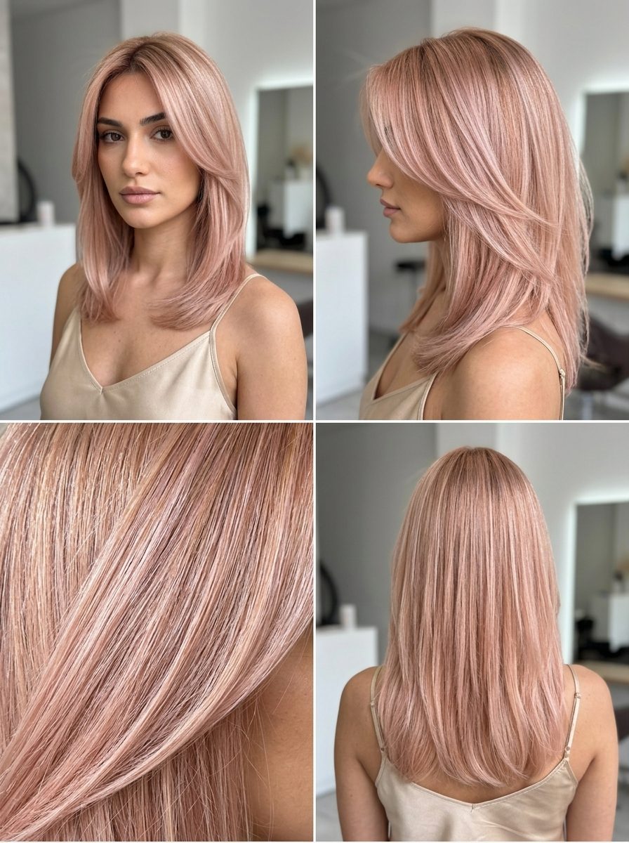 Strawberry Quartz Color Melt 2026 long strawberry quartz color melt with rose gold and pale pink blonde, diffused root, soft waves — romantic getaway