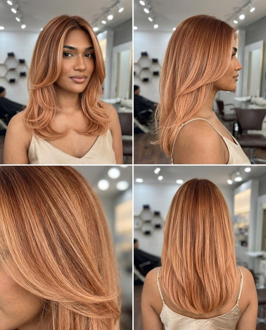 long strawberry sunset ombré with warm copper-strawberry to peach-blonde, blended transition — sun-kissed festival look