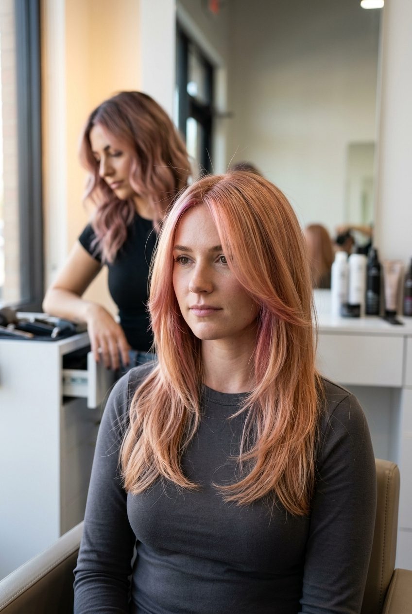 Strawberry Glaze Face-Framing 2026 long face-framing strawberry blonde hair color with subtle pink, high gloss glaze, brightening effect — playful radiant style