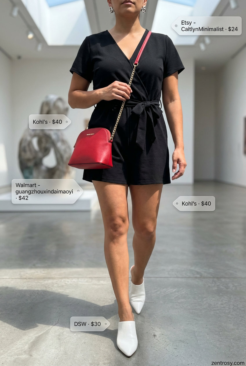 Modern Art Summer 2026 Outfits for Women Over 40 Modern Art Enthusiast summer 2026 outfit for women over 40 featuring a black romper, red crossbody bag, and white mules perfect for brunch or a casual event.