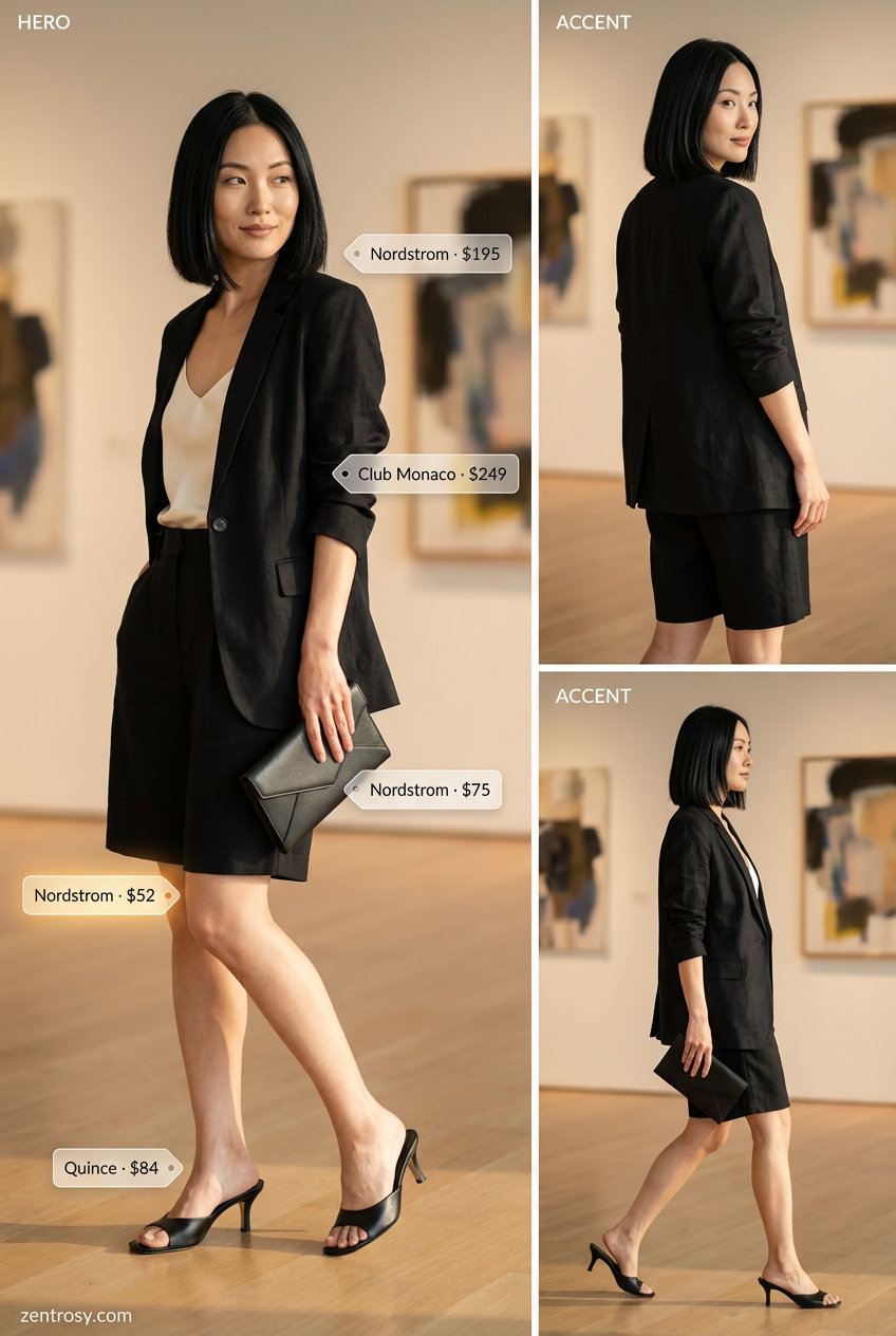 Chic Art Gallery Summer 2026 Outfits for Women Over 40 Sophisticated Art Gallery Opening summer 2026 outfit for women over 40, featuring black Bermuda shorts, a white camisole, and black blazer.