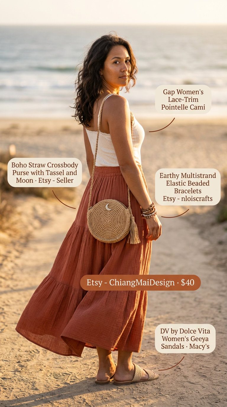 Boho Beach Retreat: Summer 2026 Outfits for Women Over 40 Bohemian summer 2026 outfits for women over 40. Relaxed terracotta tiered maxi skirt with a cream camisole, jute sandals, and a wicker cross-body bag for a beach vacation.