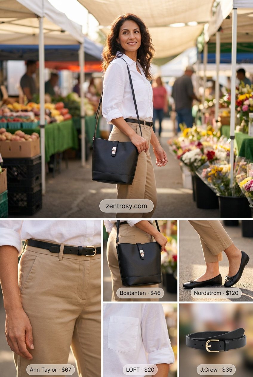 Chic City Break: Summer 2026 Outfits for Travel Chic summer 2026 outfit for women over 40 featuring khaki capri pants, an oversized white button-down, black ballet flats, and a crossbody bag for city travel.