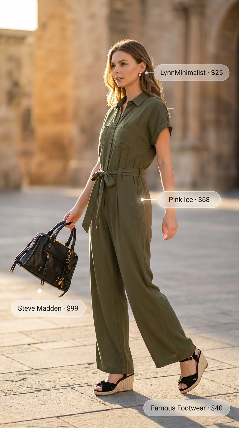 Polished City Explorer: Summer 2026 Jumpsuit Style Chic olive green tailored utility jumpsuit, black espadrille wedges, and a structured black shoulder bag as part of summer 2026 outfits for women over 40.