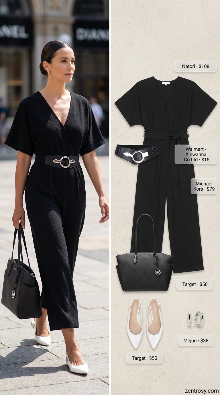 Sophisticated City Getaway Summer 2026 Jumpsuit Polished black tailored wide-leg jumpsuit with a V-neck, white slingback flats, and a structured tote—a sophisticated summer 2026 outfit for women over 40.