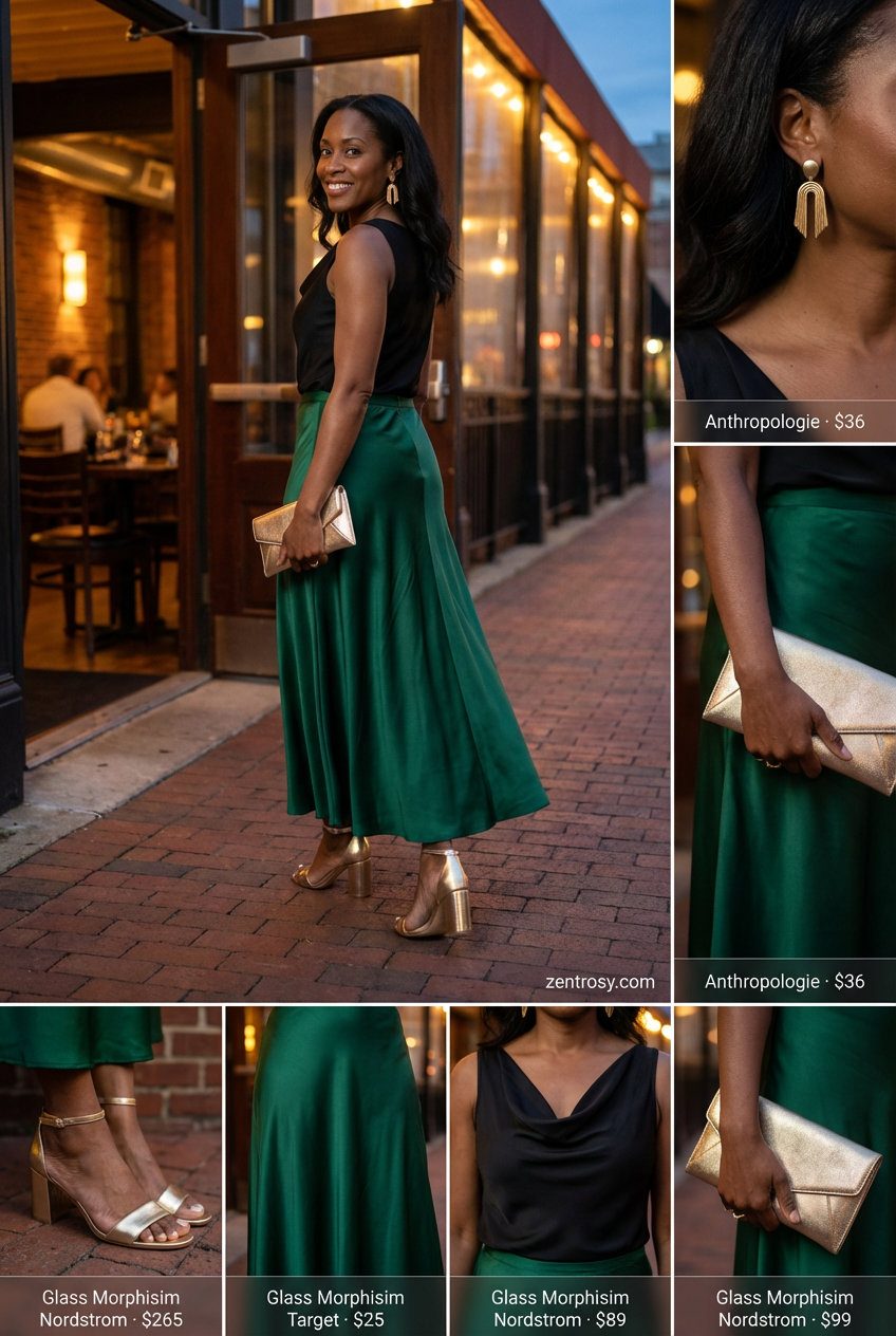 Elegant Dinner Summer 2026 Outfits for Women Over 40 Elegant Dinner Alfresco summer 2026 outfit for women over 40, featuring an emerald green maxi skirt, black cowl neck top, and gold accessories.