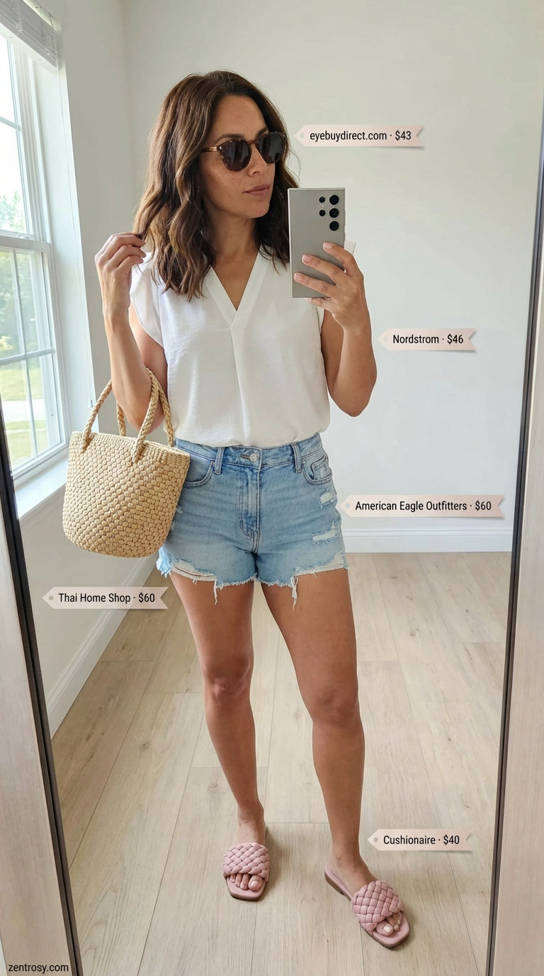 Casual Farmers Market Find Summer 2026 Style Casual light wash denim high-rise shorts, a white flowy V-neck blouse, and blush pink slide sandals make a comfortable summer 2026 outfit for women over 40.