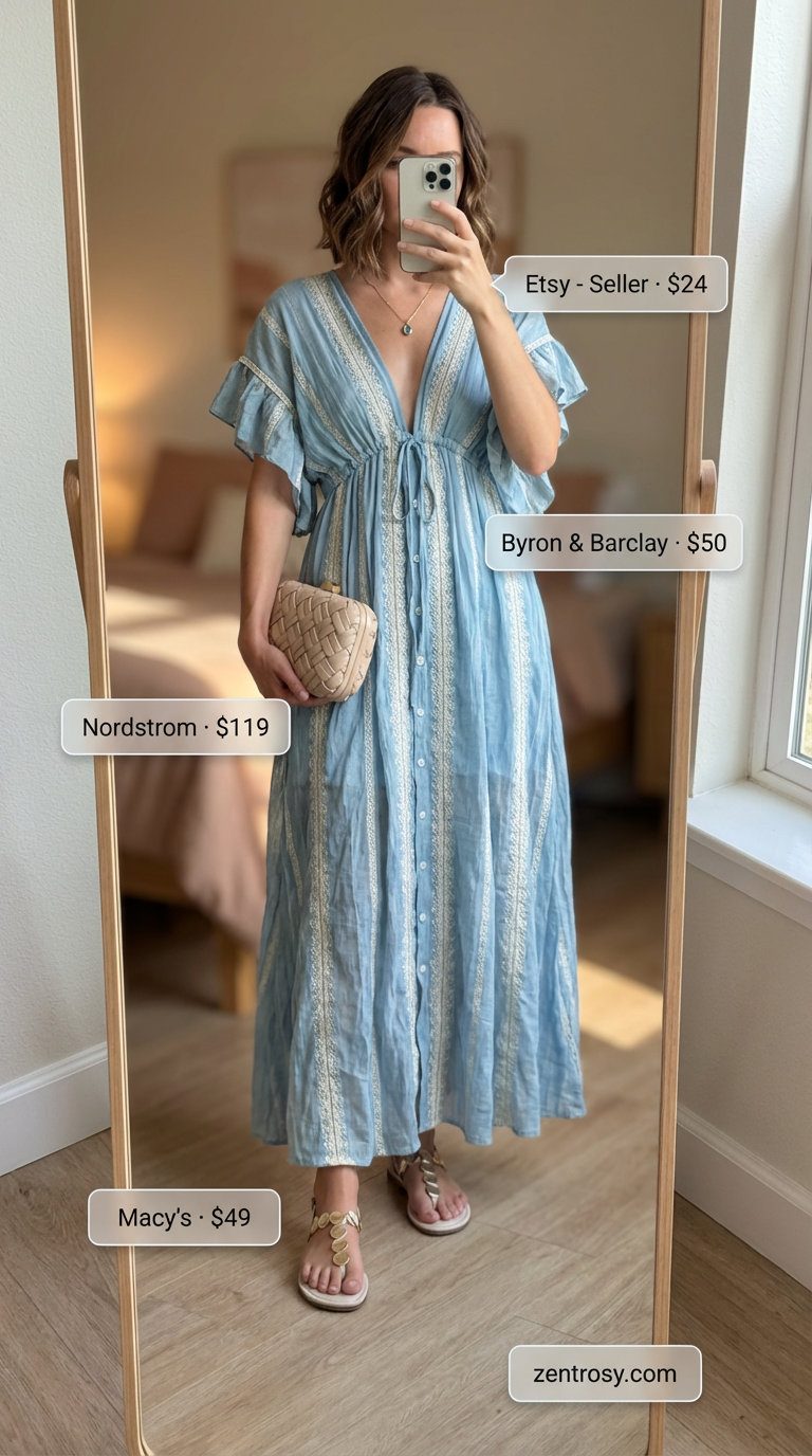 Lakeside Sunset Dinner Summer 2026 Elegant Dress Elegant sky blue cotton voile maxi dress with cream embellished flat sandals, creating a serene summer 2026 outfit for women over 40.