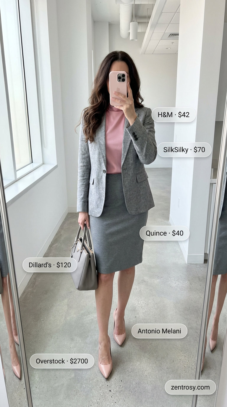 Sophisticated Summer 2026 Office Attire for Women Polished grey linen blazer and pencil midi skirt with a blush pink silk blend blouse, a professional summer 2026 outfit for women over 40.