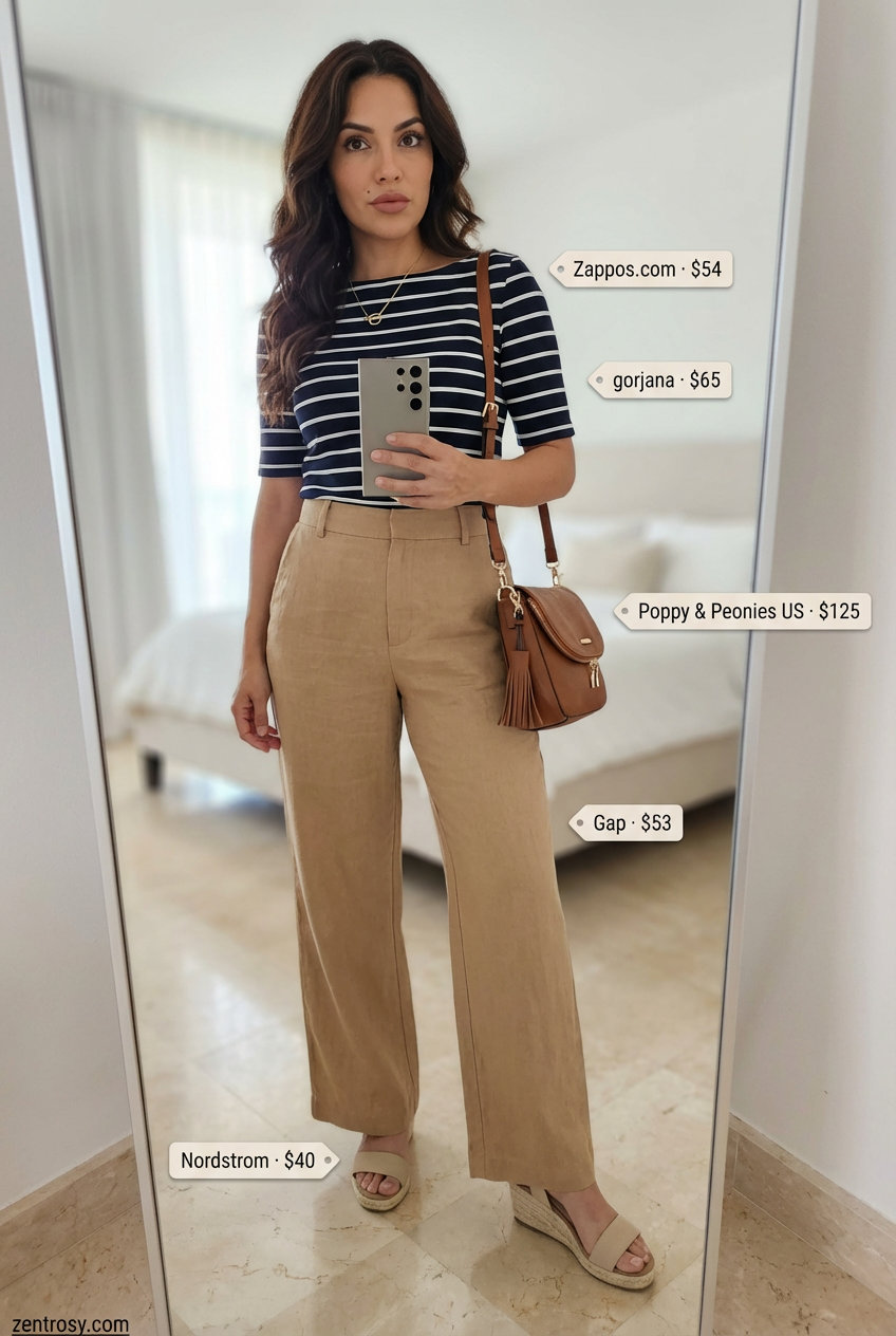Effortless Riviera Brunch Summer 2026 Look Chic navy wide-leg linen trousers with a white and navy stripe boat-neck top, perfect for summer 2026 outfits for women over 40.
