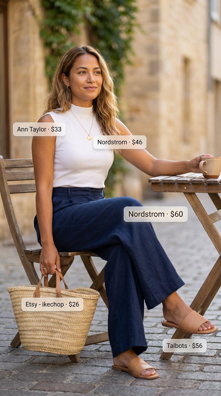 Effortless Riviera Chic for Summer 2026 Style Chic summer 2026 outfit for women over 40 featuring navy wide-leg linen pants, a white knit shell top, tan flat sandals, and a straw tote for brunch.