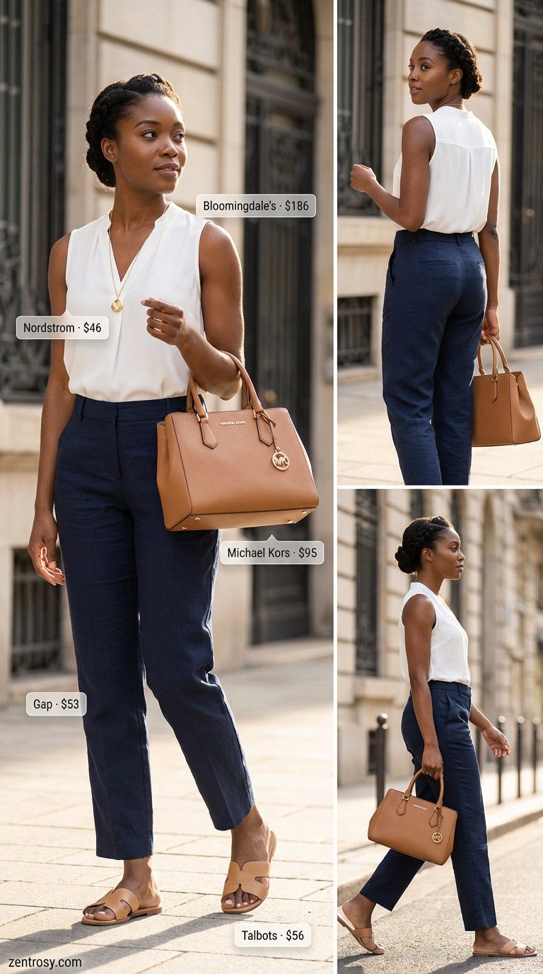 Riviera Chic Summer 2026 Outfits for Women Over 40 Sophisticated Effortless Riviera Chic summer 2026 outfit for women over 40, with navy wide-leg linen trousers, white silk top, and tan slides.