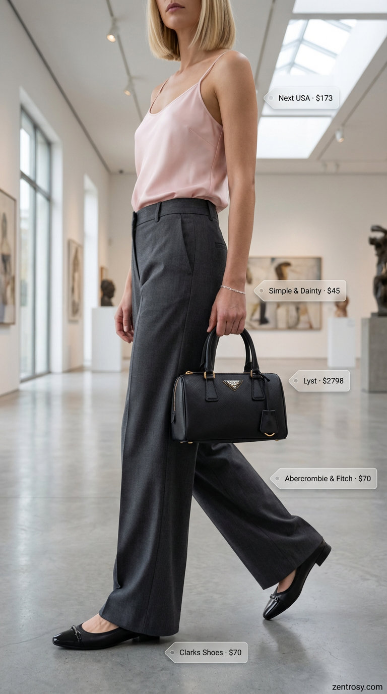 Timeless Tailored Summer 2026 Look for Women Over 40 Polished charcoal gray tailored wide-leg trousers with a blush pink silk camisole defines stylish summer 2026 outfits for women over 40.
