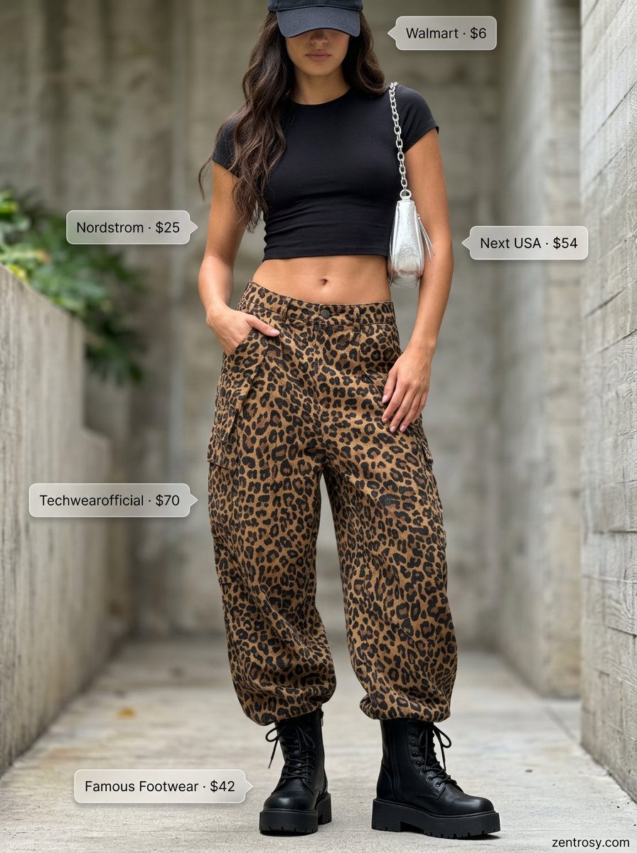 Summer animal print outfits for women 2026: Animal print cargo pants, crop top, combat boots. Edgy urban style.