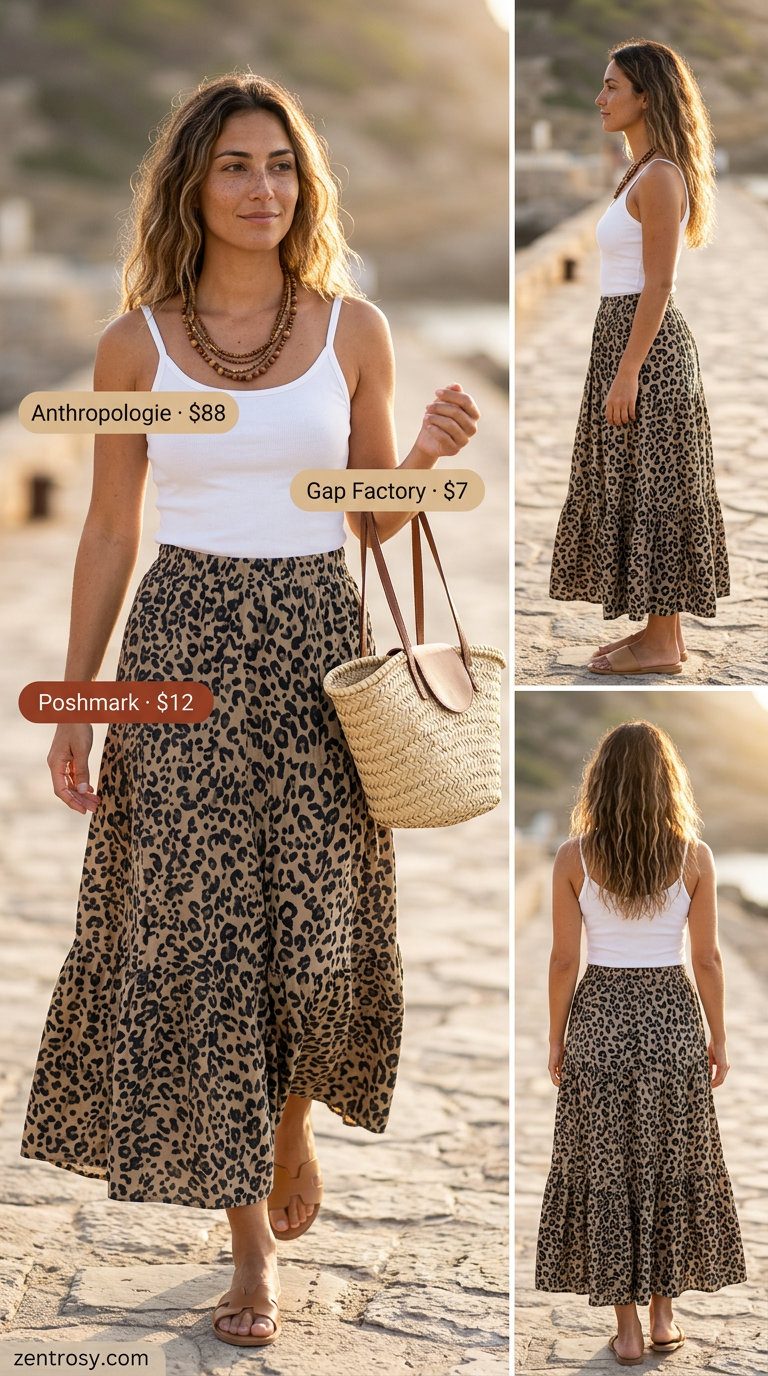 Summer animal print outfits for women 2026: Tan animal print maxi skirt, white tank, straw bag. Boho vacation style.