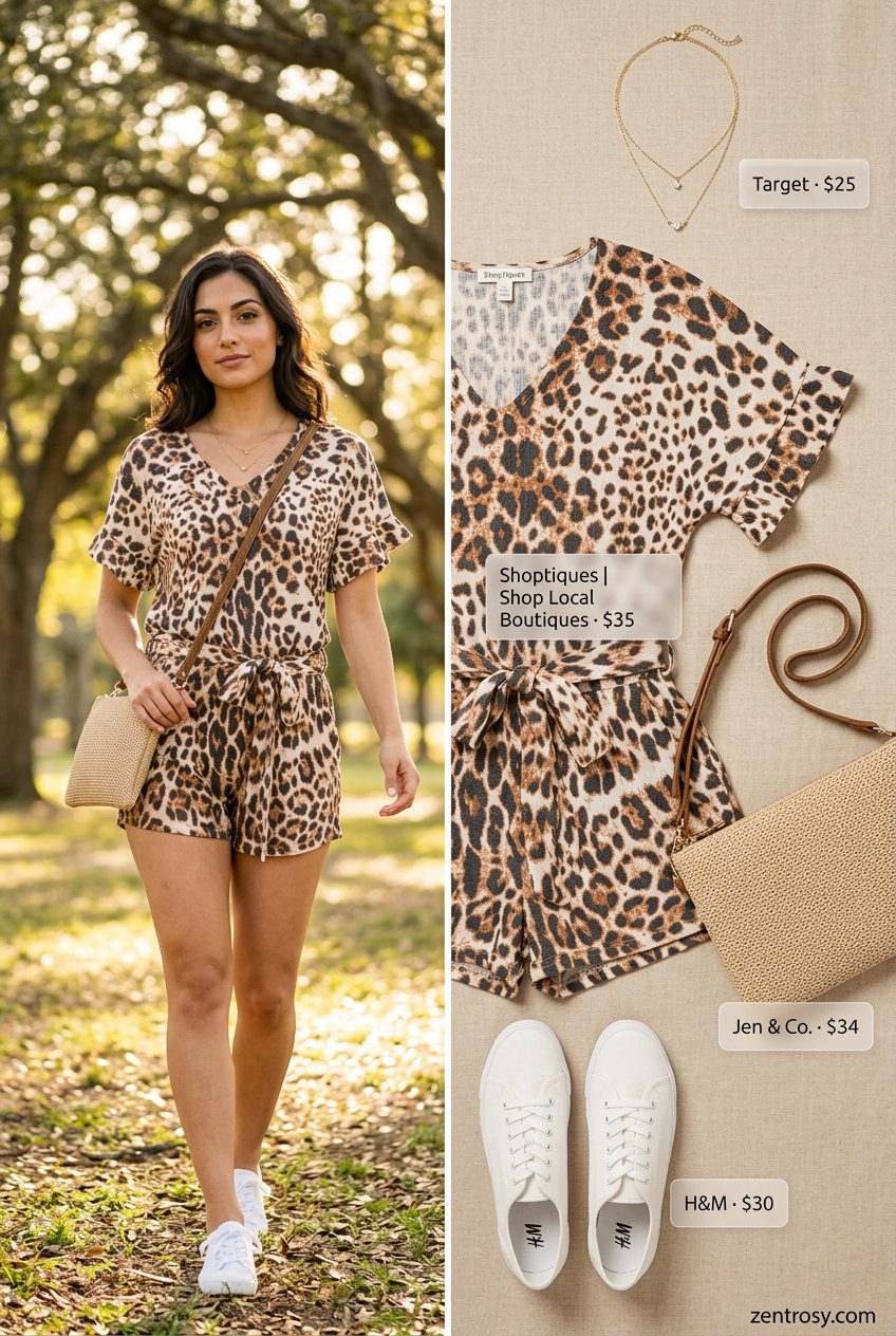 Summer animal print outfits for women 2026: Brown animal print romper, white sneakers, gold necklaces. Playful day out style.