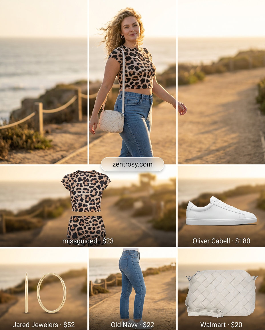 Playful Summer Animal Print Outfits for Women 2026: Tan animal print crop top and shorts set with denim jacket.
