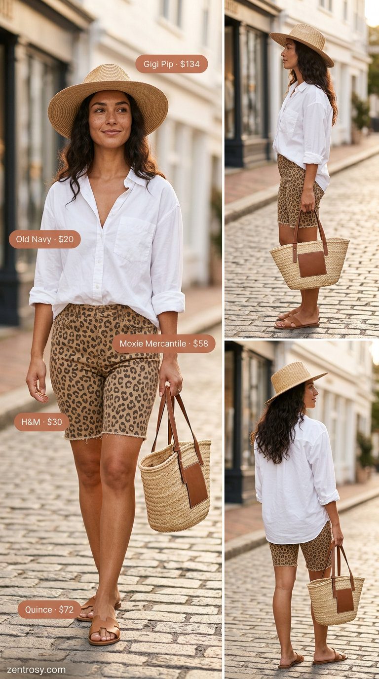 Summer Animal Print Outfits for Women 2026: Tan animal print Bermuda shorts, white button-down, straw hat & tote.