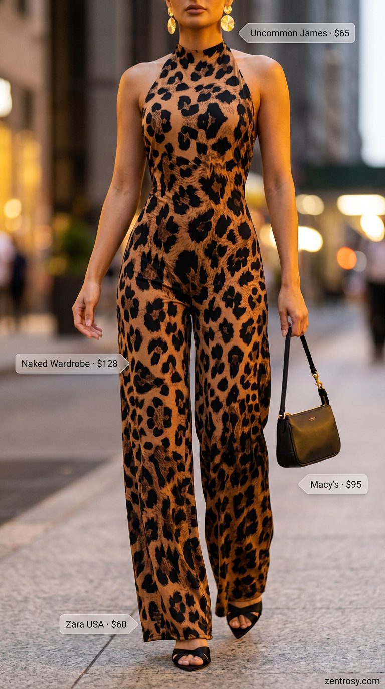 Glamorous Summer Animal Print Outfits for Women 2026: Leopard print wide leg jumpsuit with gold accessories for evening.