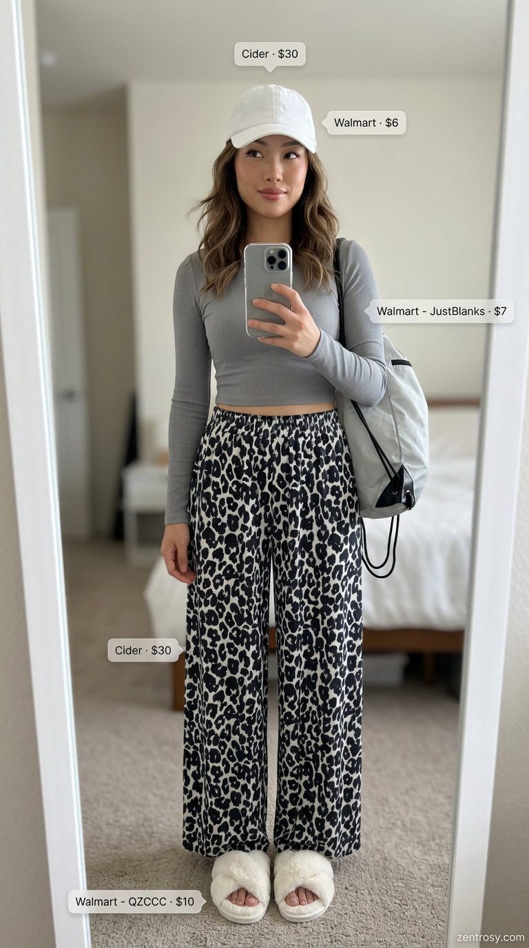 Comfortable Summer Animal Print Outfits for Women 2026: Black and white leopard print loungewear set with cap and backpack.