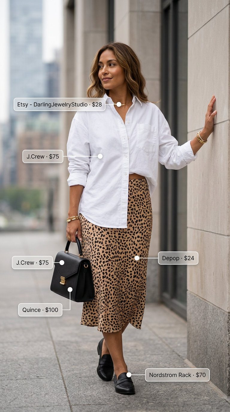 Urban Summer Animal Print Outfits for Women 2026: Leopard print midi skirt with crisp button-down and loafers.