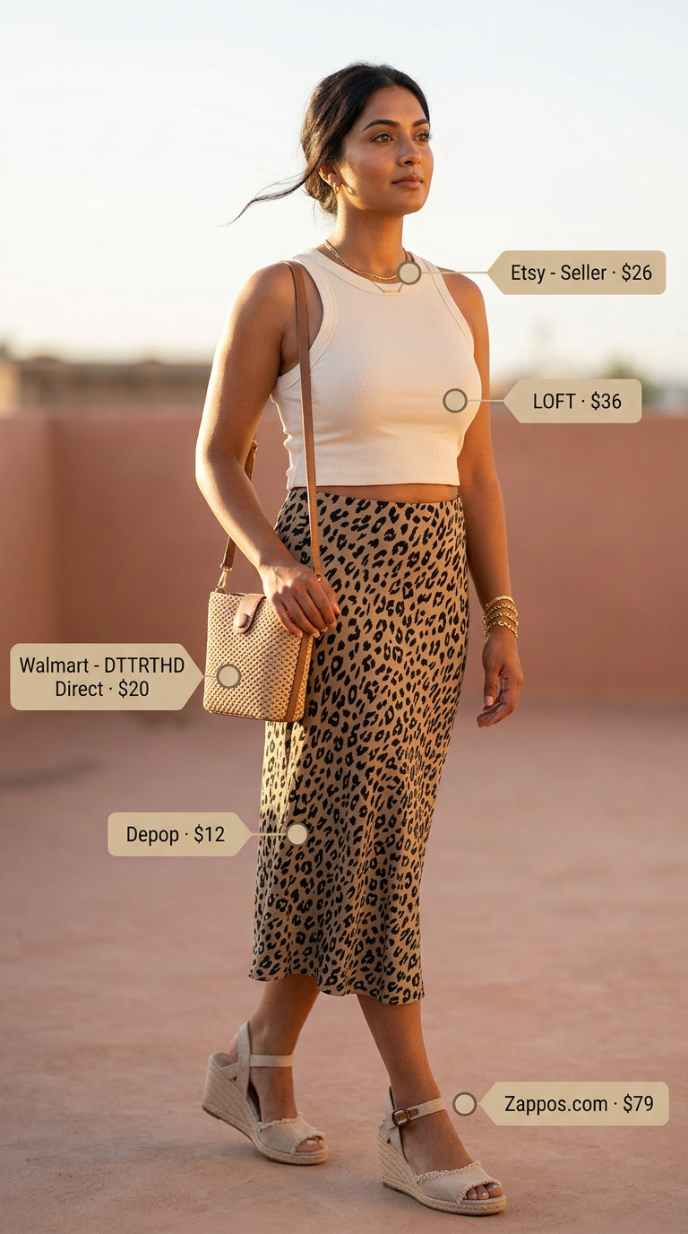 Summer animal print outfits for women 2026: Leopard midi skirt, cream knit tank, espadrilles. Perfect for vacation.