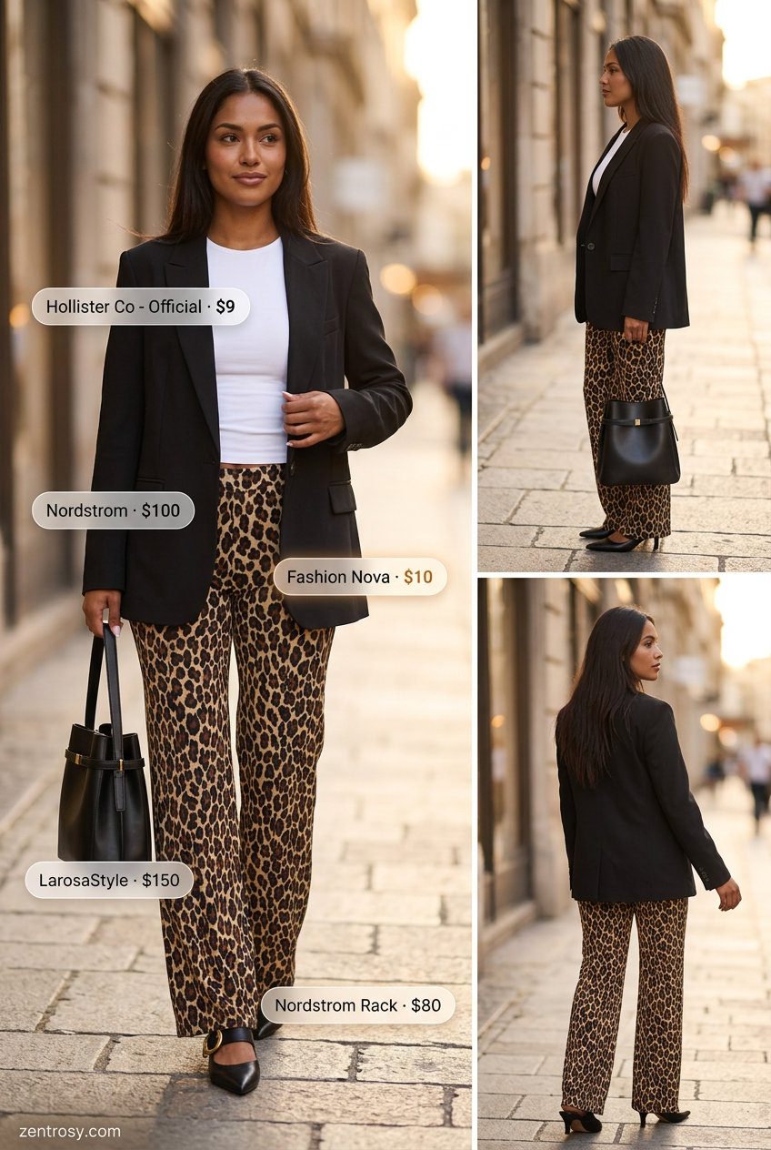 Summer animal print outfits for women 2026: Black & white leopard pants, blazer, white tee. Sophisticated work casual.