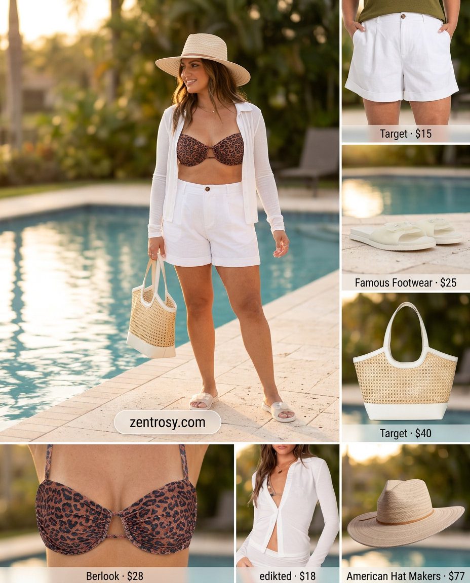 Summer Animal Print Outfits for Women 2026: Leopard print bikini top, linen shorts, sheer white shirt, straw tote.