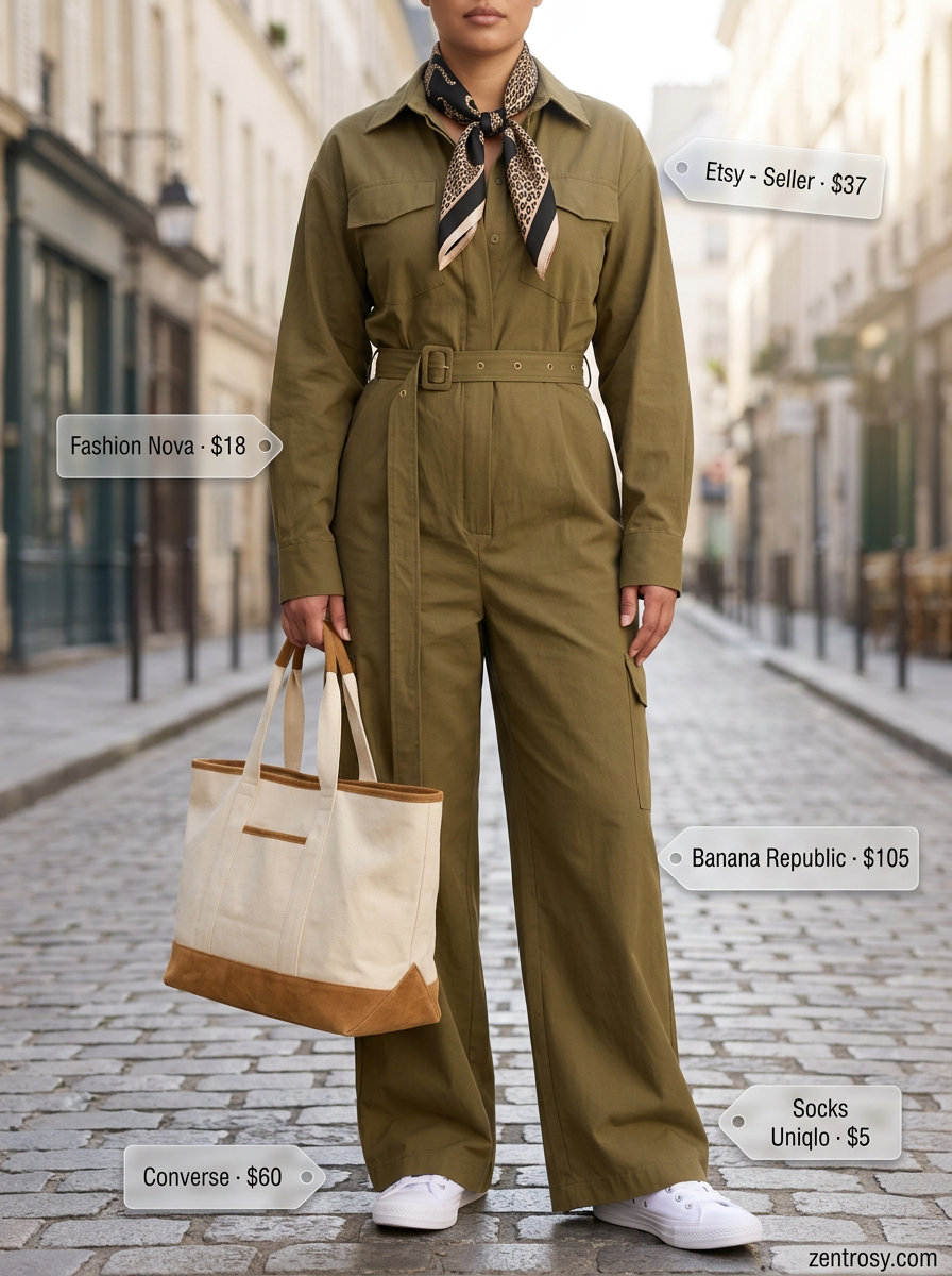 Summer Animal Print Outfits for Women 2026: Olive utility jumpsuit, cheetah print scarf, canvas tote & sneakers.