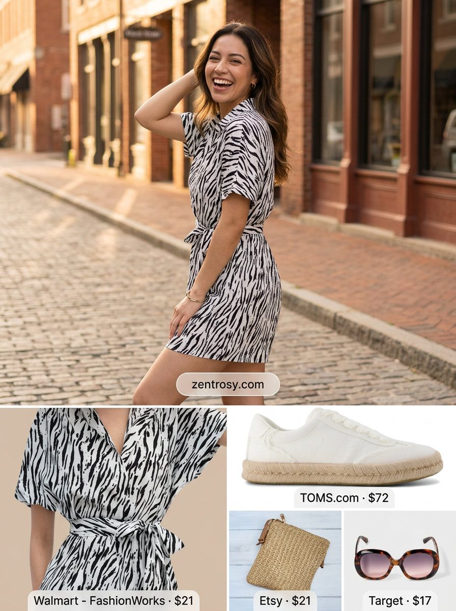 Summer Animal Print Outfits for Women 2026: Black & white animal print romper, tan crossbody bag, white espadrilles.
