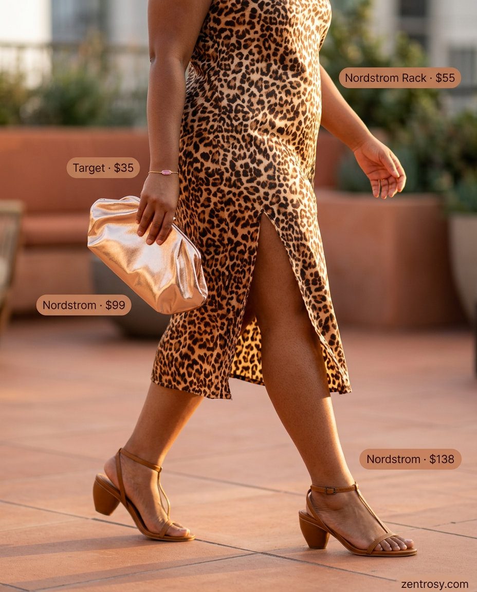 Summer Animal Print Outfits for Women 2026: Mixed animal print slip dress, heeled sandals, gold jewelry.