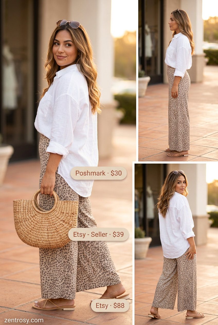 Summer animal print outfits for women 2026: Taupe animal print wide-leg pants, white linen shirt. Chic travel style.