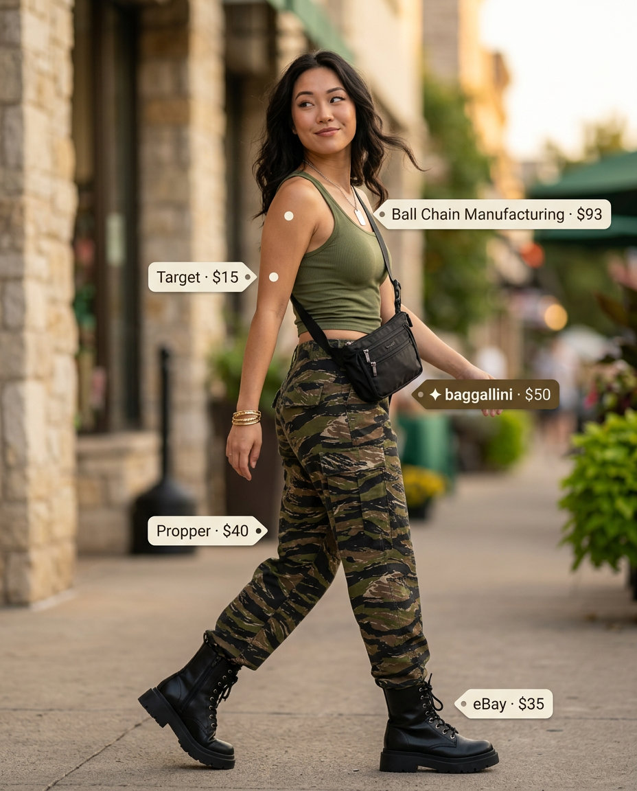 Edgy Summer Animal Print Outfits for Women 2026: Khaki tiger print cargo pants with a ribbed tank and combat boots.