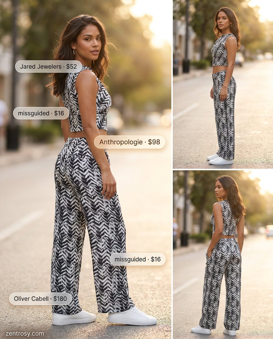 Summer Animal Print Outfits for Women 2026: Animal print two-piece set, open-knit cardigan, white sneakers.