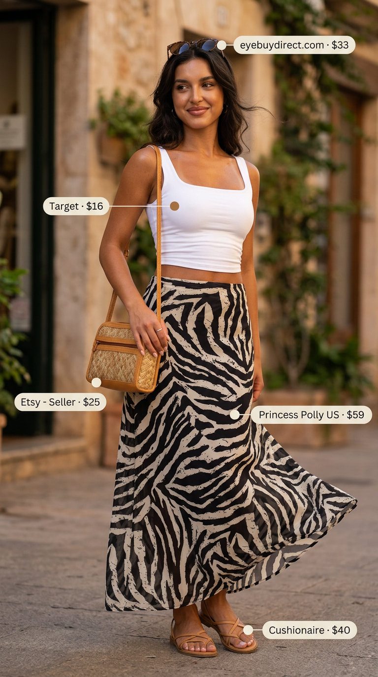 Summer Animal Print Outfits for Women 2026: Zebra print maxi skirt, white cropped tank, sunglasses, straw bag.
