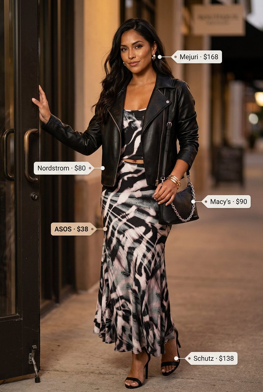 Sleek Summer Animal Print Outfits for Women 2026: Zebra print slip dress with moto jacket and strappy heels.
